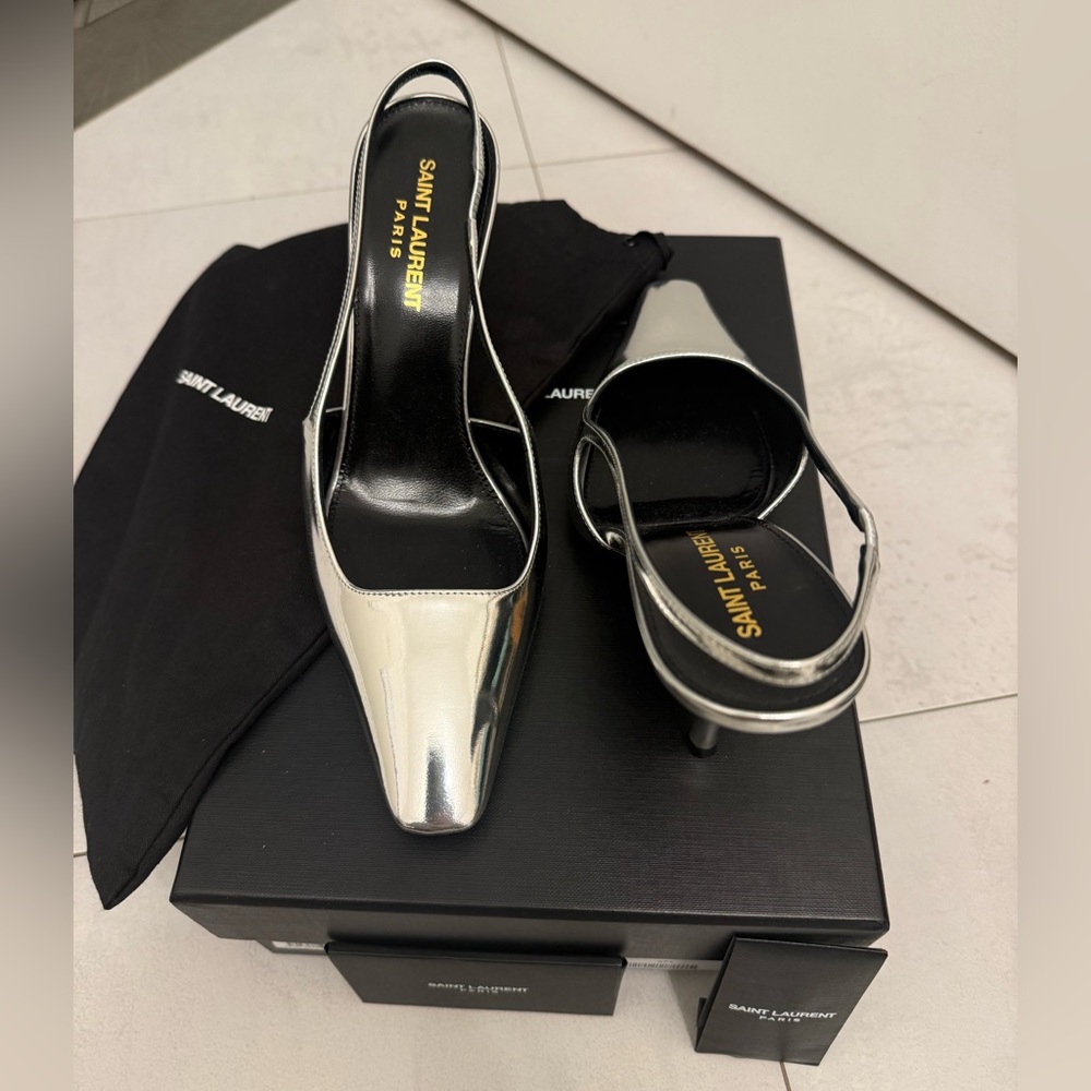 YSL Saint Laurent Patent Tom 90 Blade Leather Slingback Pumps Silver 37.5 $945